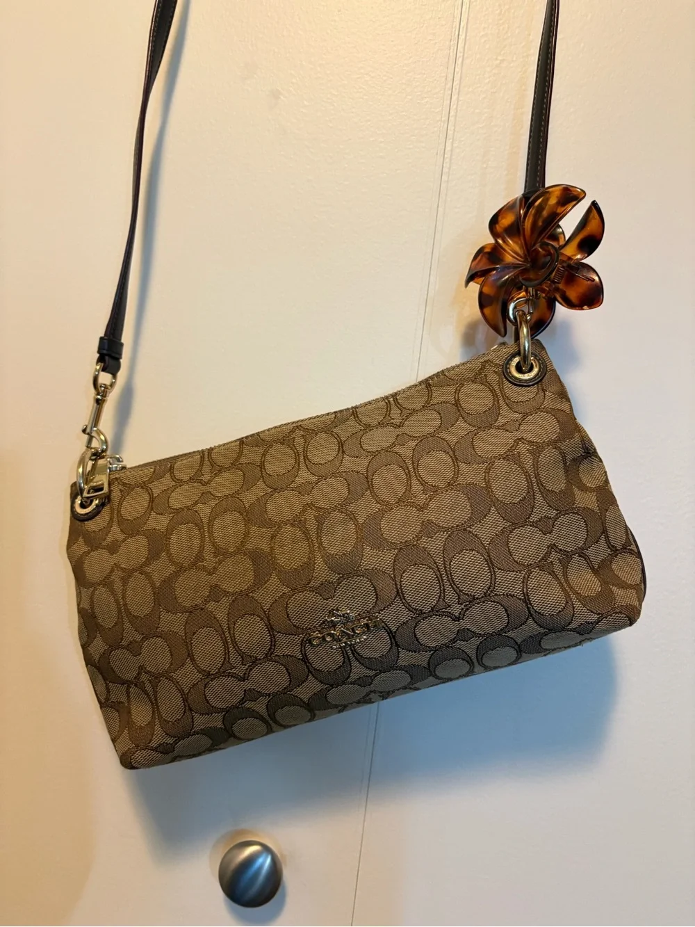 Coach Beige Signature Canvas Shoulder Bag with Brown Leather Strap